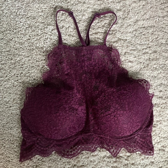 PINK Victoria Secret High Neck Eyelash Lace Maroon Bra - Picture 4 of 9